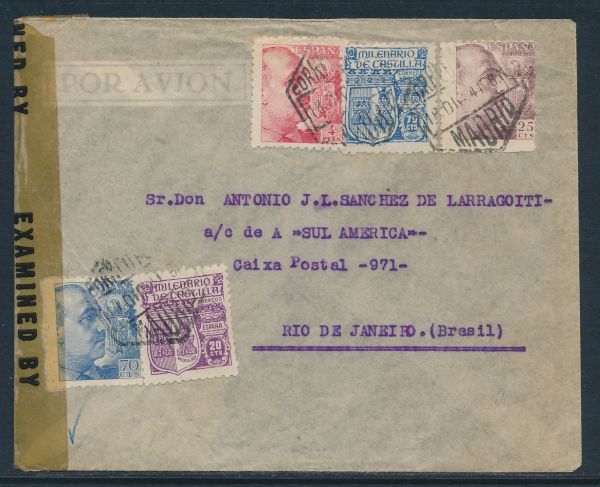 Spanien Brief 1944 nach Brasilien mit Zensur